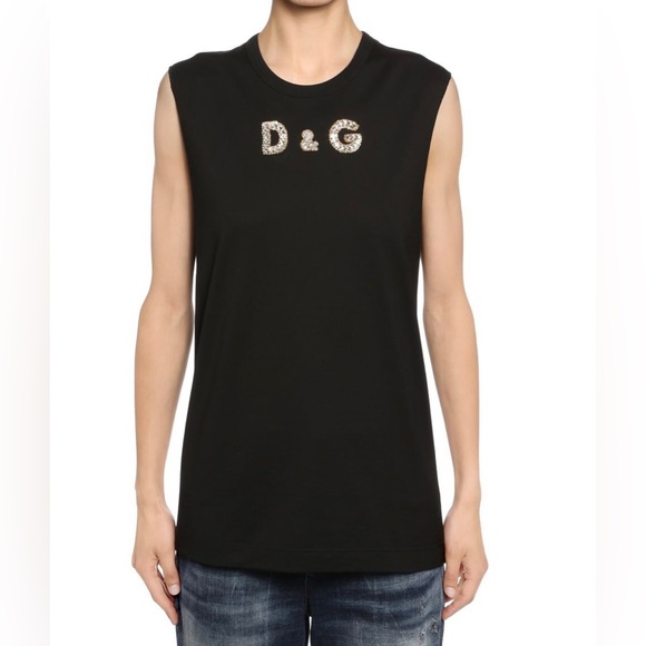 D&G Swarovski Jersey Sleeveless T-shirt in Black. Size 36 Italy.